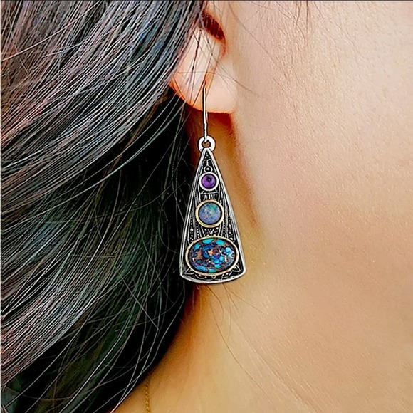 Vintage Handmade Boho Earrings, Silver Geometric - Picture 6 of 6